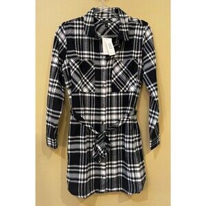 Banana Republic sz 2 NEW Black White Plaid Flannel Tie Belt Shirt Dress Pockets